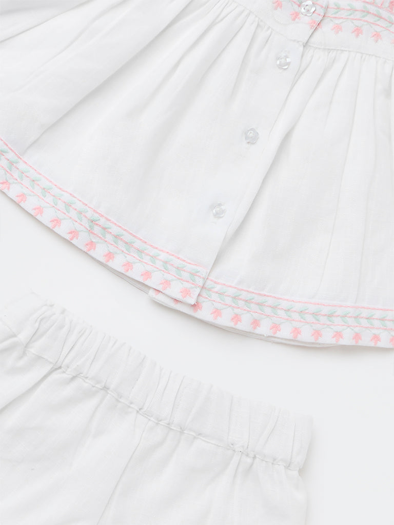 HOP Baby Girls White Floral Embroidered Top and Shorts Set