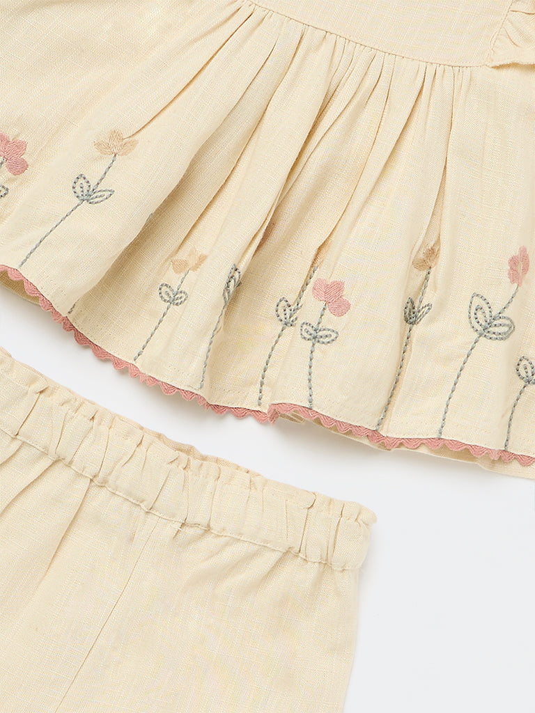 HOP Baby Girls Beige Embroidered A-Line Dress with Shorts Set