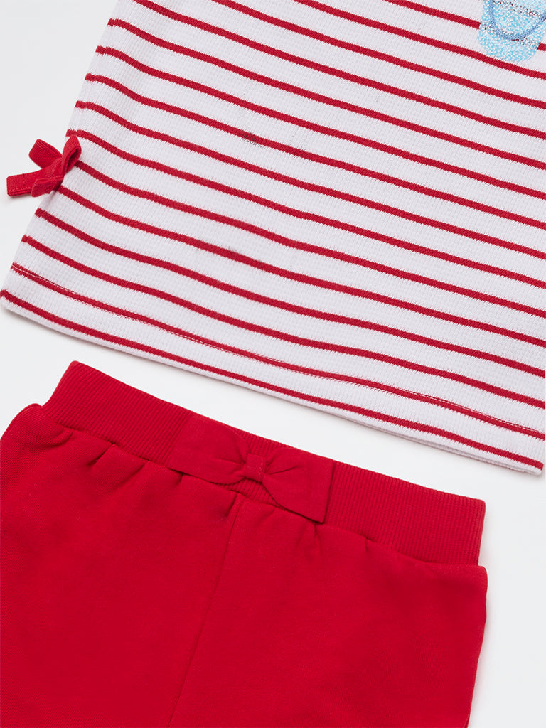 HOP Baby Girls Red Striped Cotton T-Shirt and Shorts Set