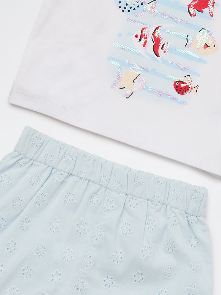 HOP Baby Girls White Embellished Cotton T-Shirt and Shorts Set
