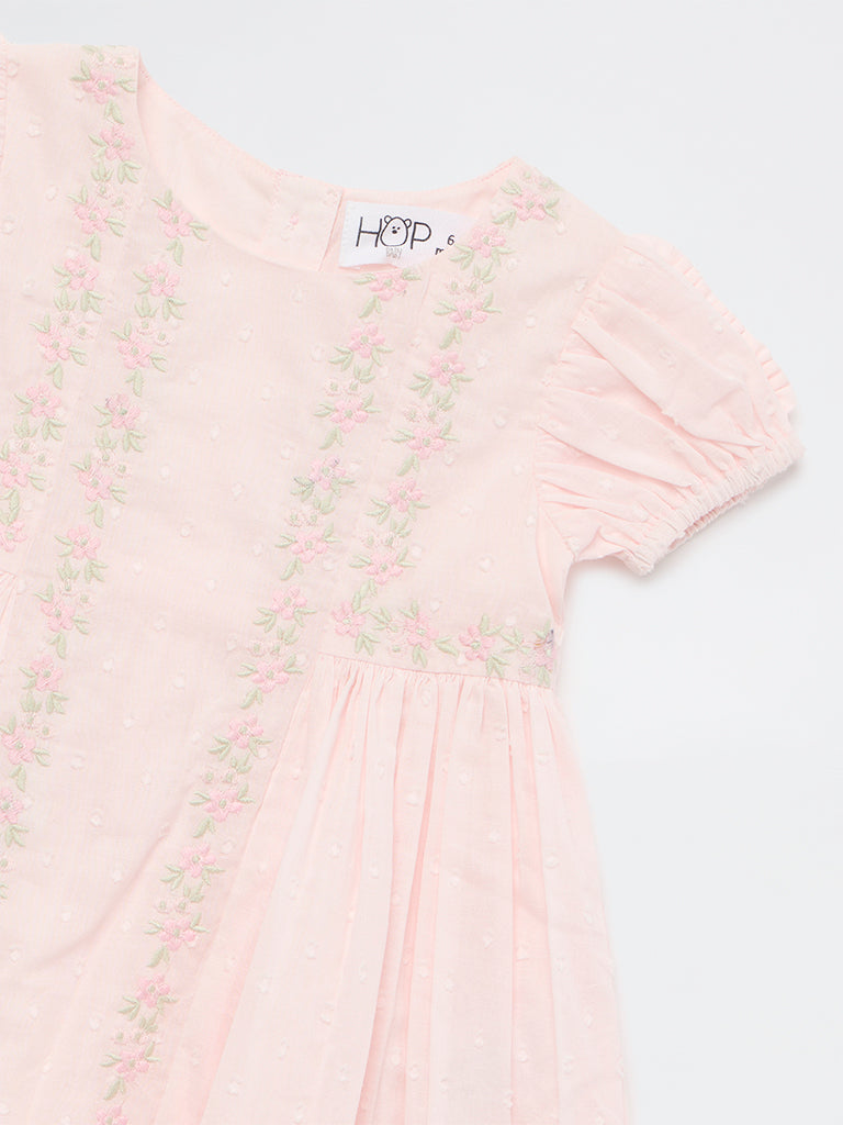 HOP Baby Girls Pink Floral Embroidered A-Line Cotton Dress