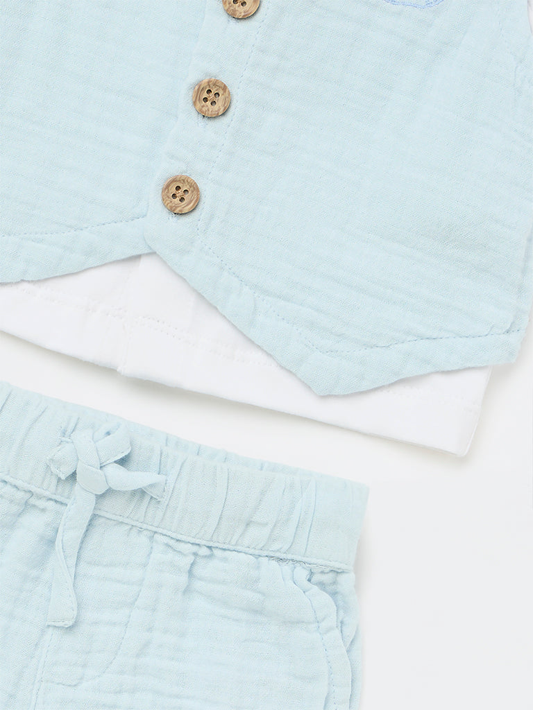 HOP Baby Boys Light Blue Textured Cotton Waistcoat, Shirt, Shorts and Bow Set
