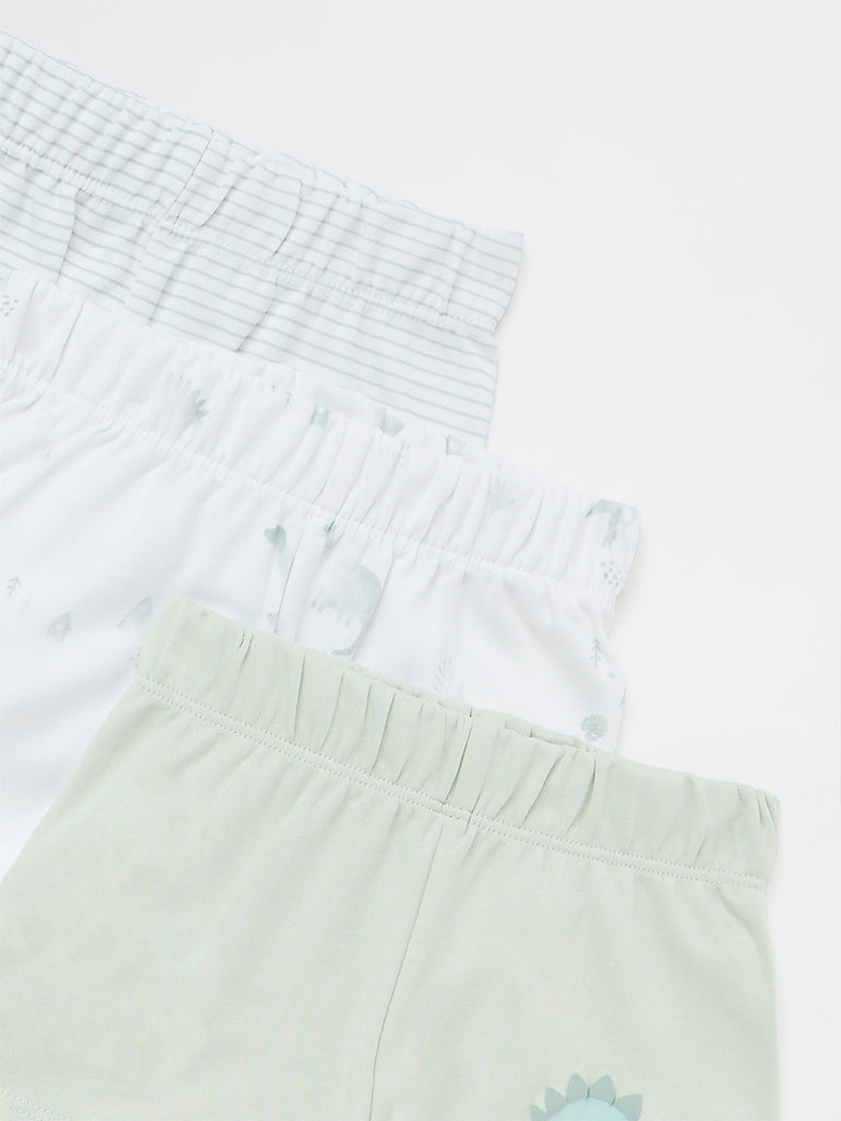 HOP Baby Boys Sage Animal Printed Mid-Rise Cotton Shorts - Pack of 3