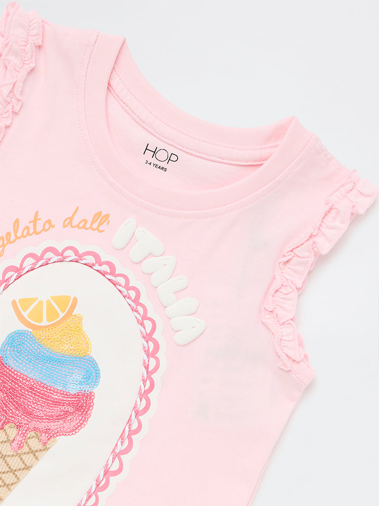 HOP Kids Girls Pink Ice-Cream Design Cotton Top