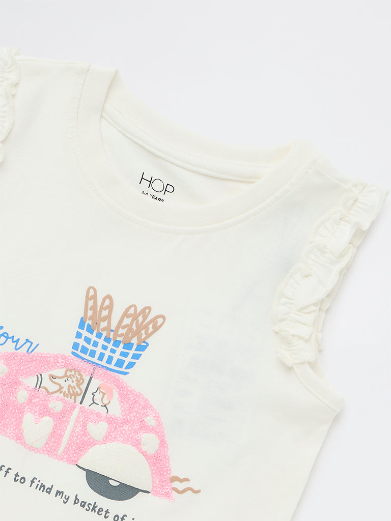HOP Kids Girls Off-White Graphic Printed Cotton Top