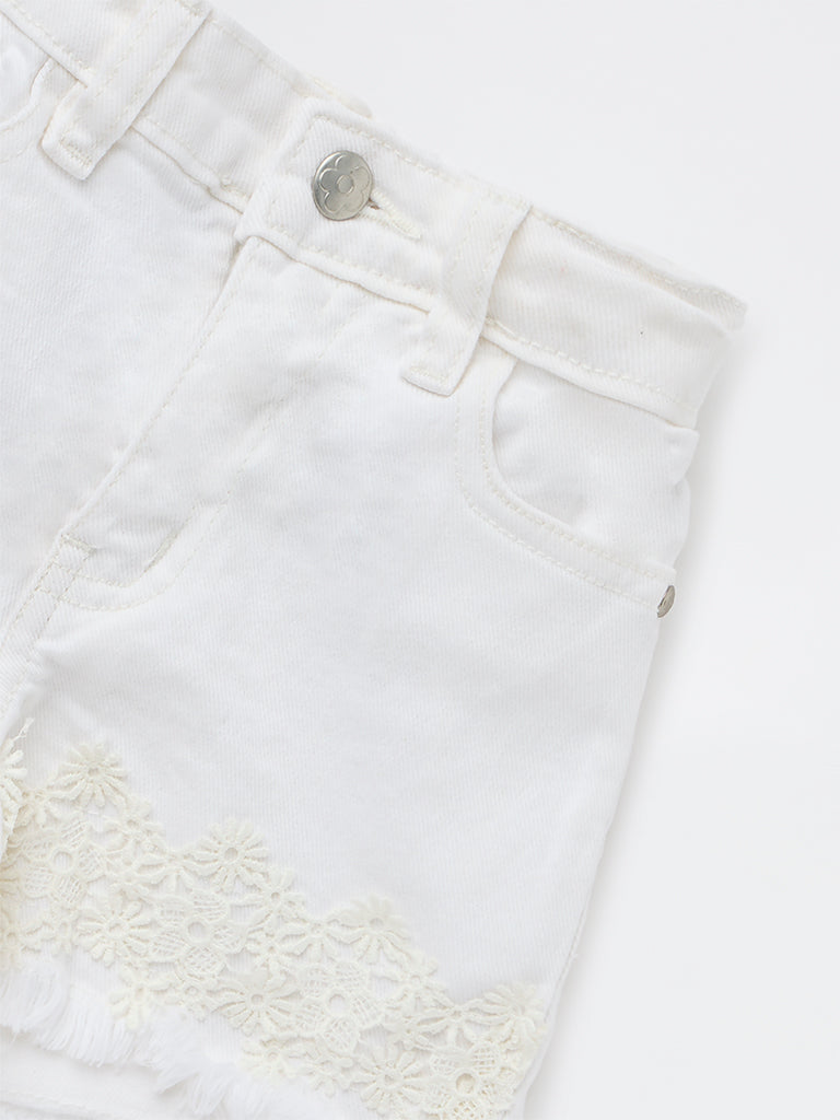 HOP Kids Girls Off-White Floral High-Rise Denim Shorts