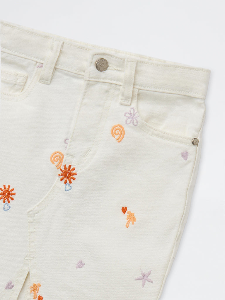 HOP Kids Girls Off-White Embroidered Denim Skirt