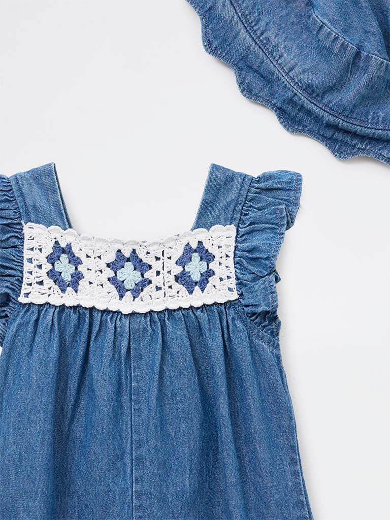 HOP Kids Girls Blue Crochet Denim Jumpsuit with Hat