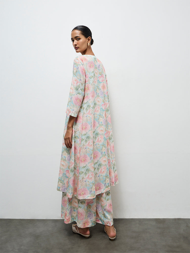 Zuba Aqua Floral Printed Cotton A-Line Kurta