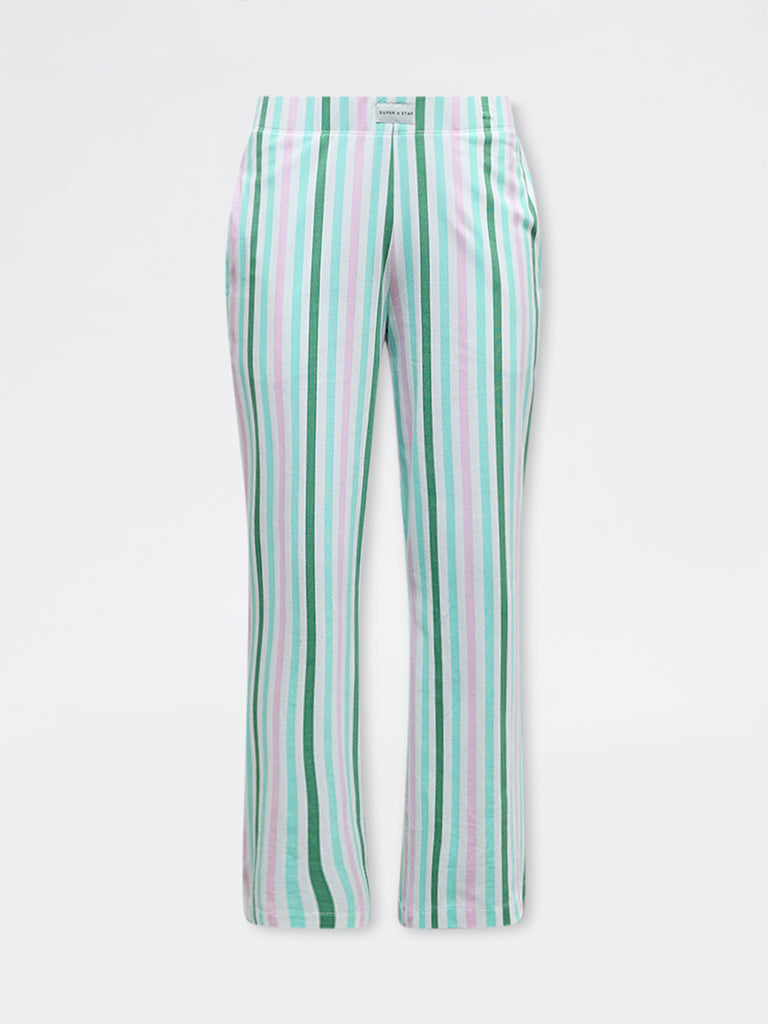 Superstar Green Striped Cotton-Blend High-Rise Pants