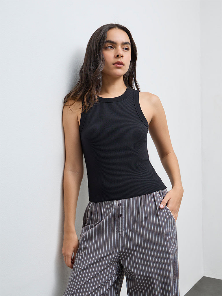 Buy Superstar Black Ribbed Cotton-Blend Tank Top from Westside