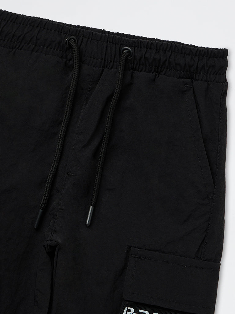 HOP Kids Boys Black Text-Printed Mid-Rise Cargo-Style Joggers