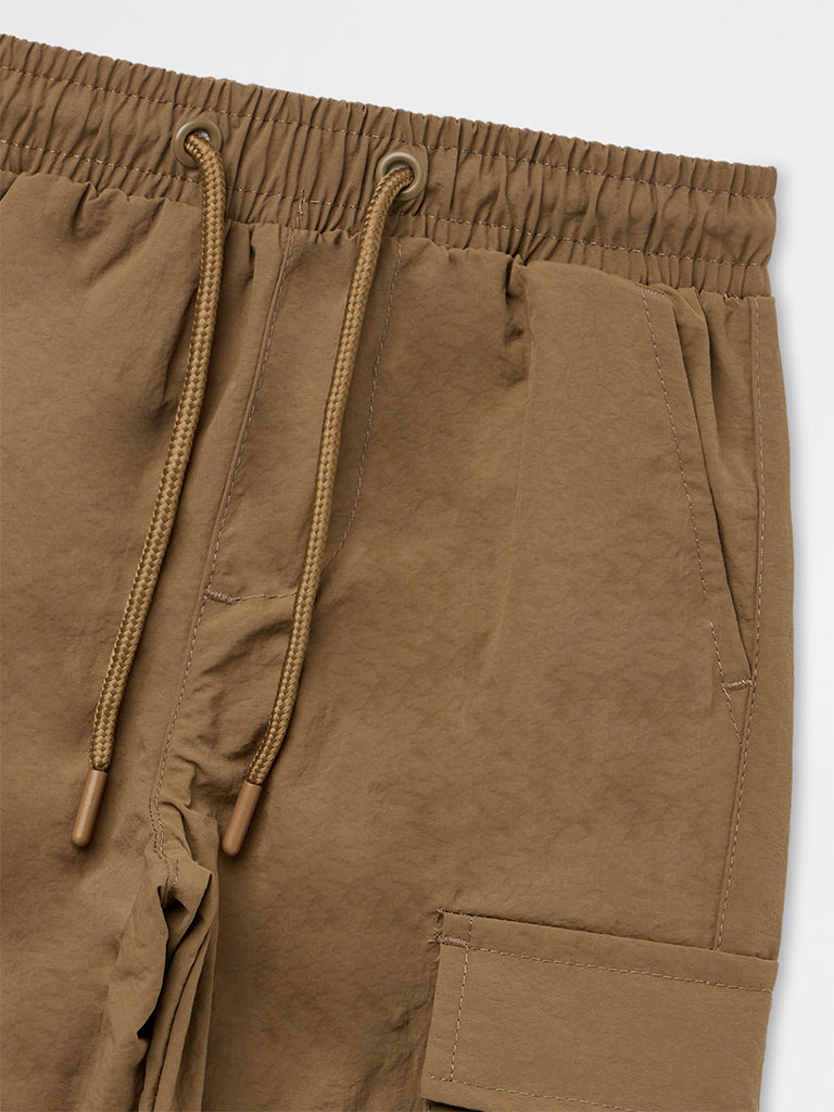 HOP Kids Boys Taupe Text-Printed Mid-Rise Cargo-Style Joggers