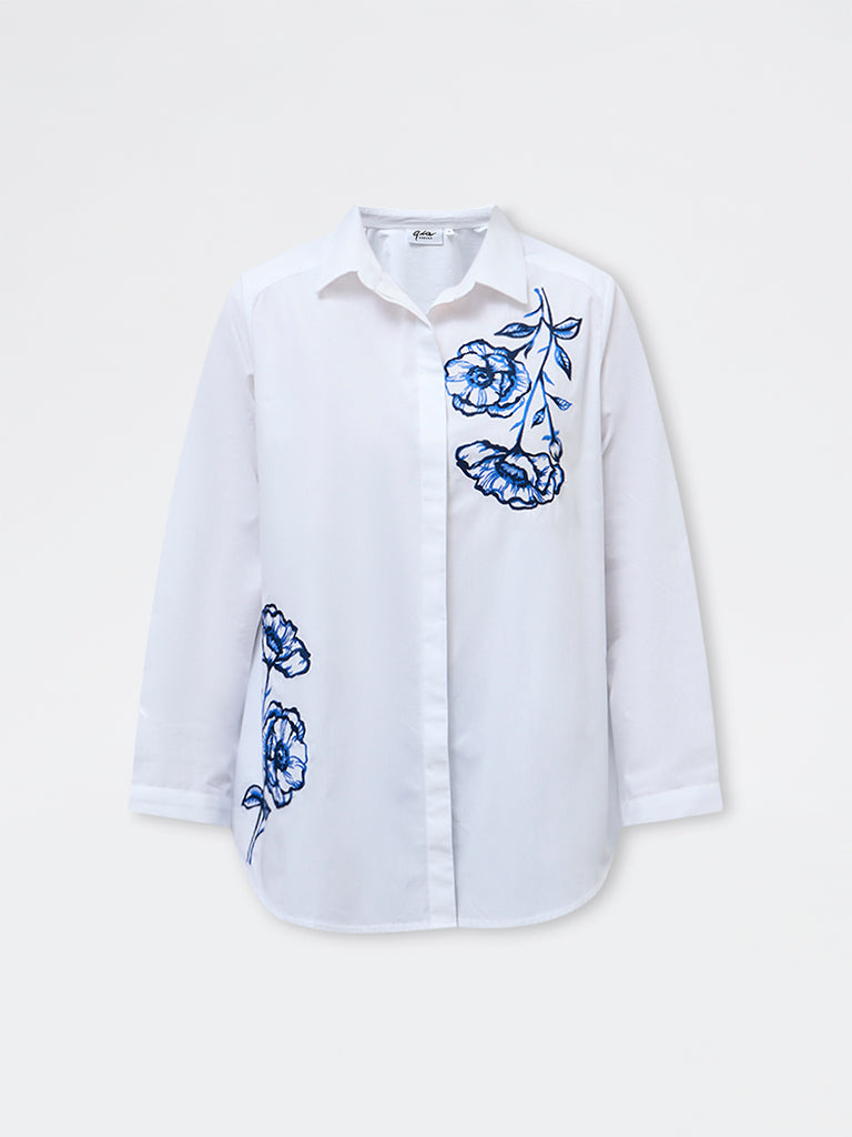 Gia White Floral Embroidered Cotton Shirt