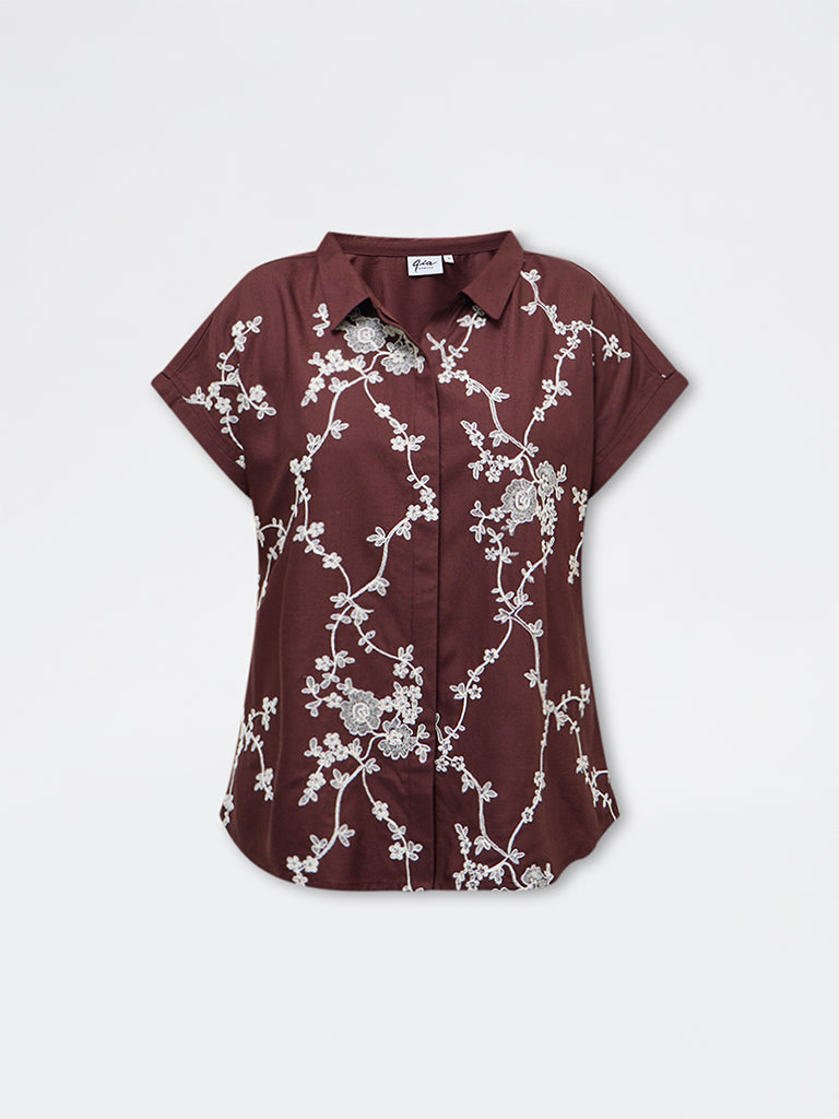 Gia Dark Brown Floral Embroidered Shirt