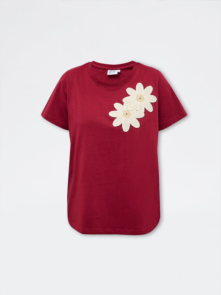 Gia Burgundy Floral Embroidered Cotton T-Shirt