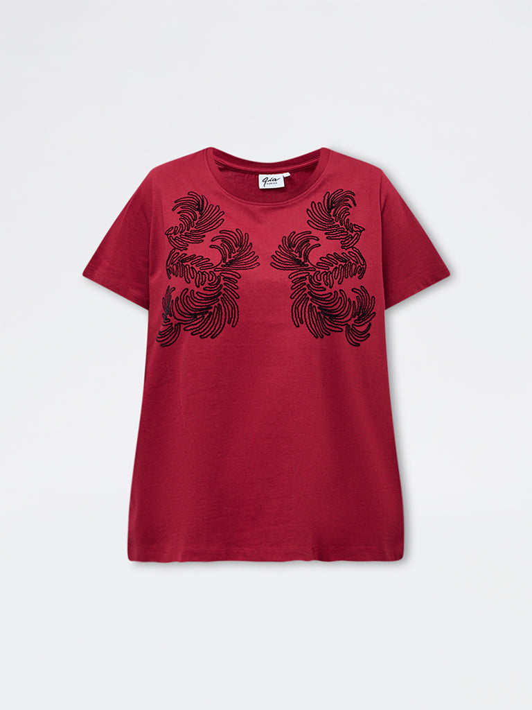 Gia Red Embroidered Cotton T-Shirt