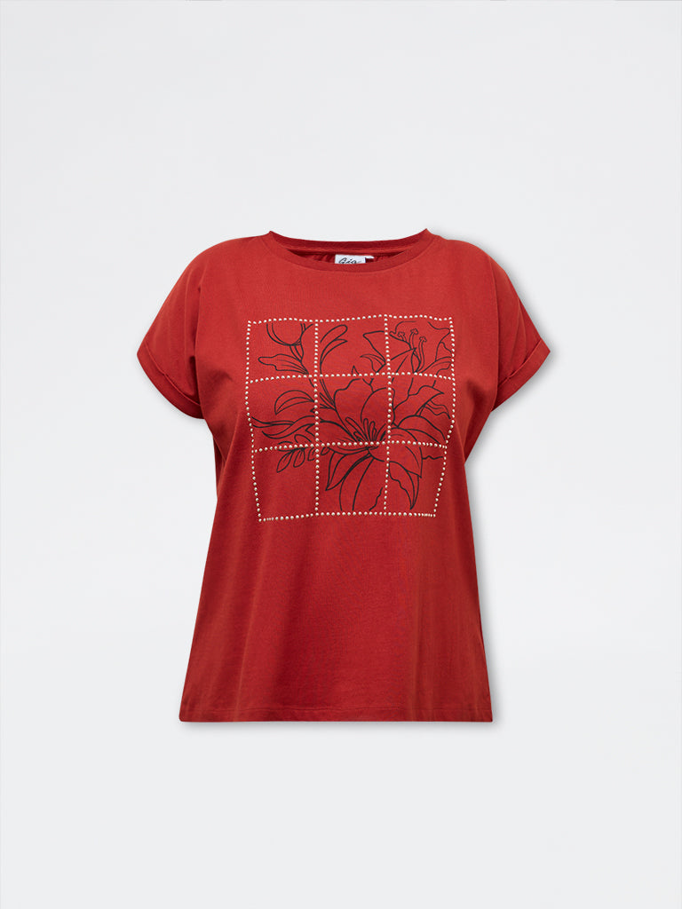 Gia Red Floral Design Cotton T-Shirt