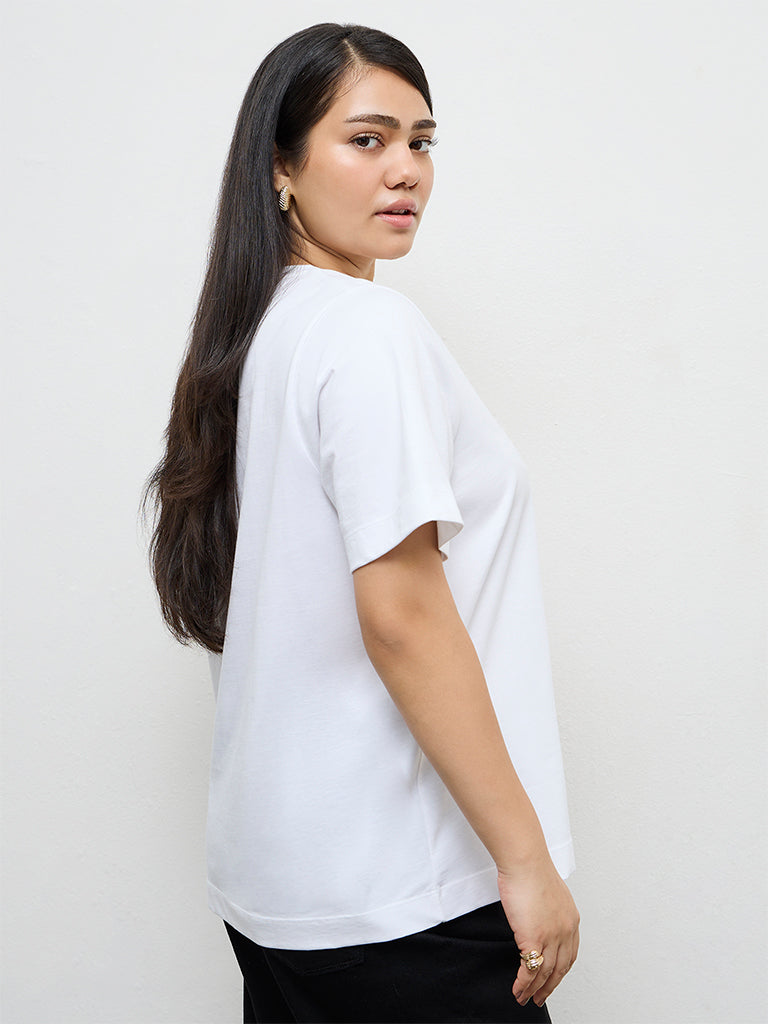 Gia White Floral Printed Cotton T-Shirt