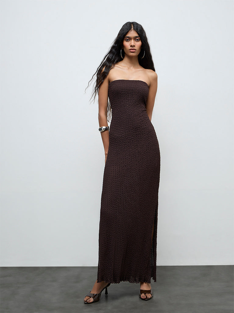 Buy Nuon Dark Brown Textured Bodycon Dress from Westside