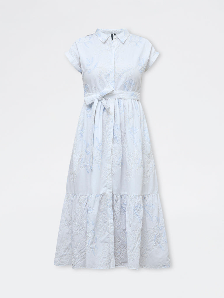 LOV White Floral Embroidered Cotton Shirt Dress with Belt