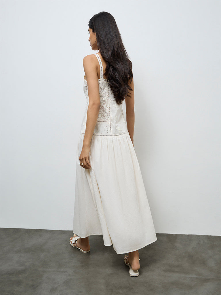 LOV Off-White Embroidered Drop Waist Dress