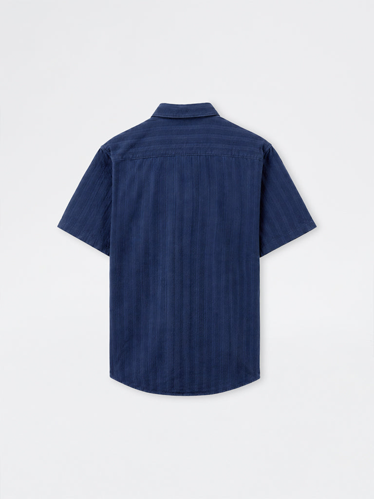 WES Casuals Indigo Self-Striped Relaxed-Fit Cotton Shirt