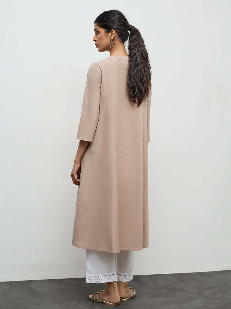 Utsa Taupe Mirror-Work Cotton A-Line Kurta
