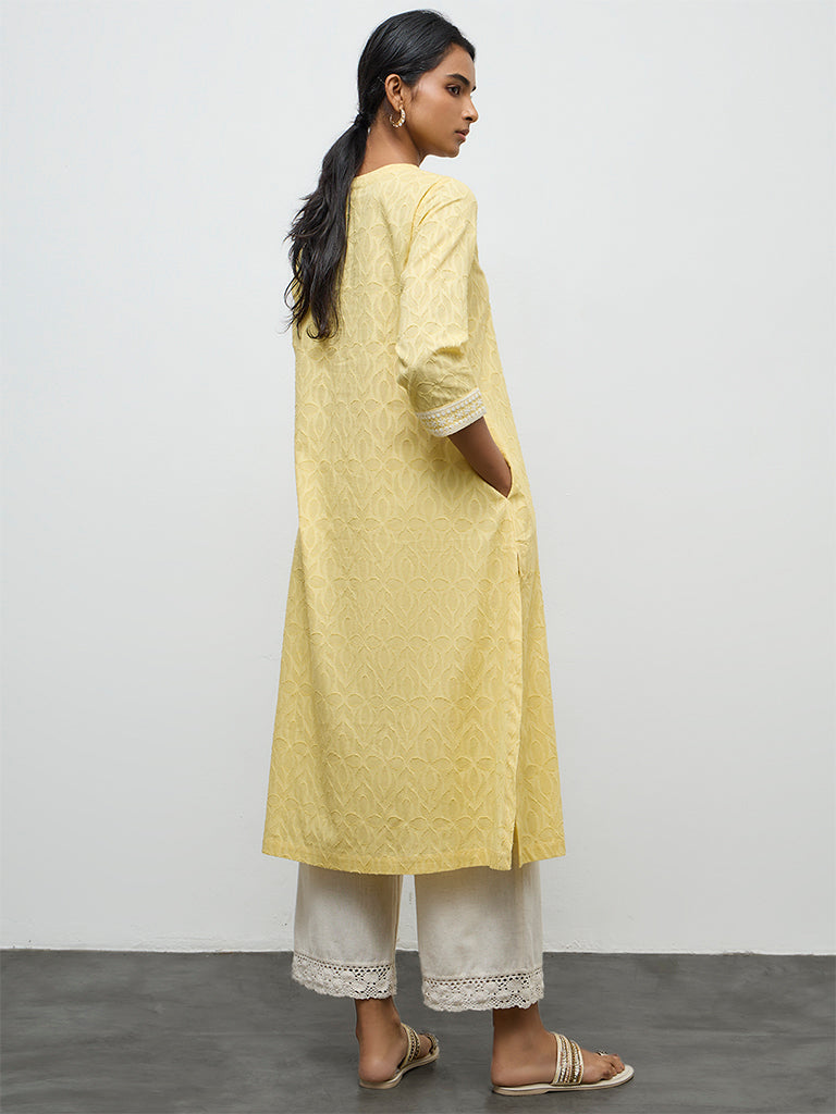 Utsa Yellow Floral Embroidered A-Line Cotton Kurta