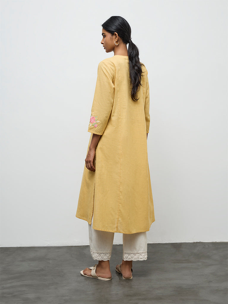 Utsa Mustard Floral Embroidered A-Line Cotton Kurta