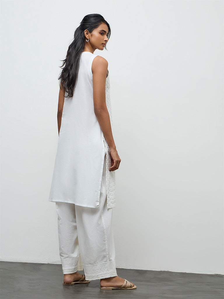 Utsa White Floral Embroidered Cotton Straight Kurta