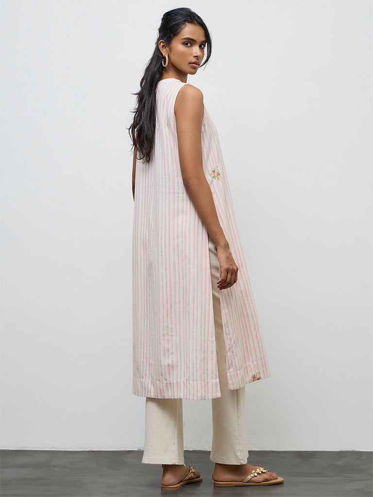 Utsa Light Pink Striped A-Line Cotton-Blend Kurta