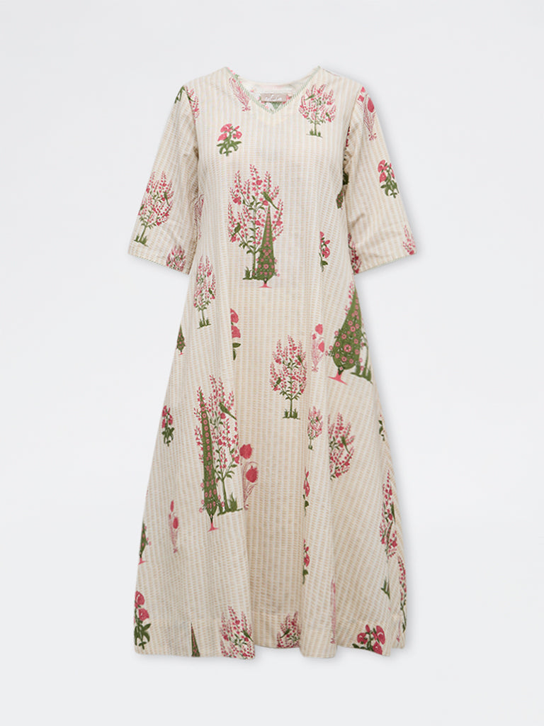 Utsa Off-White Floral Printed Cotton A-Line Kurta