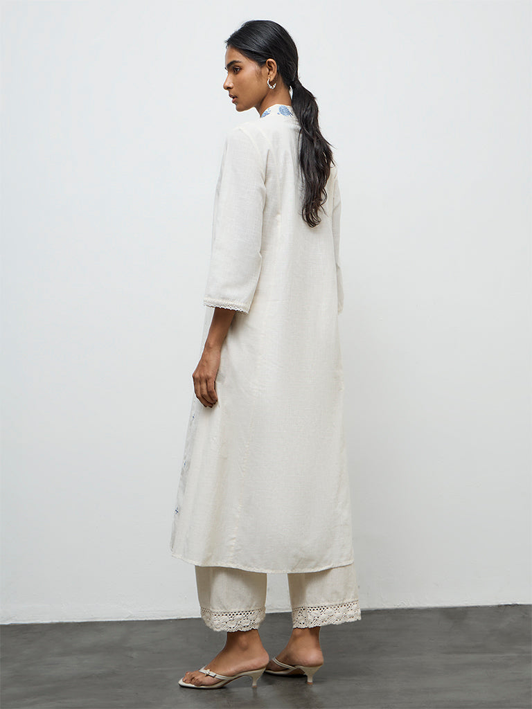Utsa White Floral Embroidered A-Line Cotton Kurta