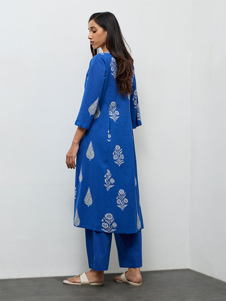 Utsa Indigo Floral Printed A-Line Cotton-Blend Kurta