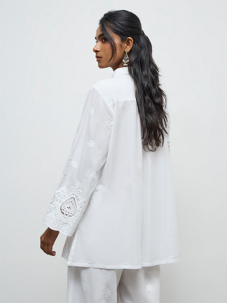 Utsa White Embroidered Cotton Schiffli Shirt