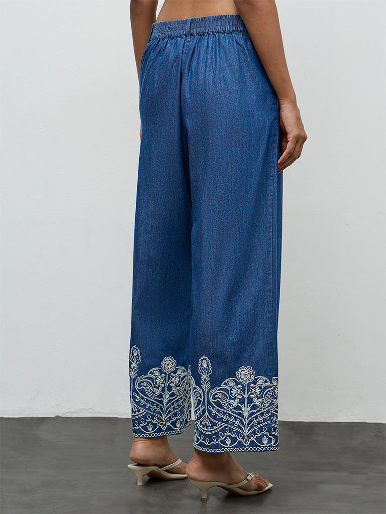 Utsa Indigo Floral Embroidered Cotton Pants