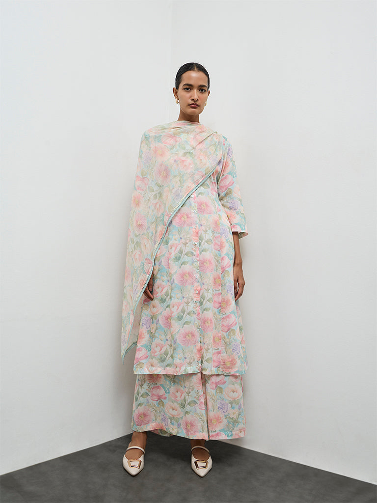 Zuba Aqua Floral Printed Cotton Dupatta
