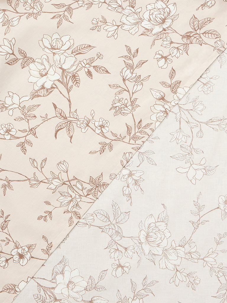 Westside Home Light Beige Floral Printed Cotton Queen Bedsheet Set