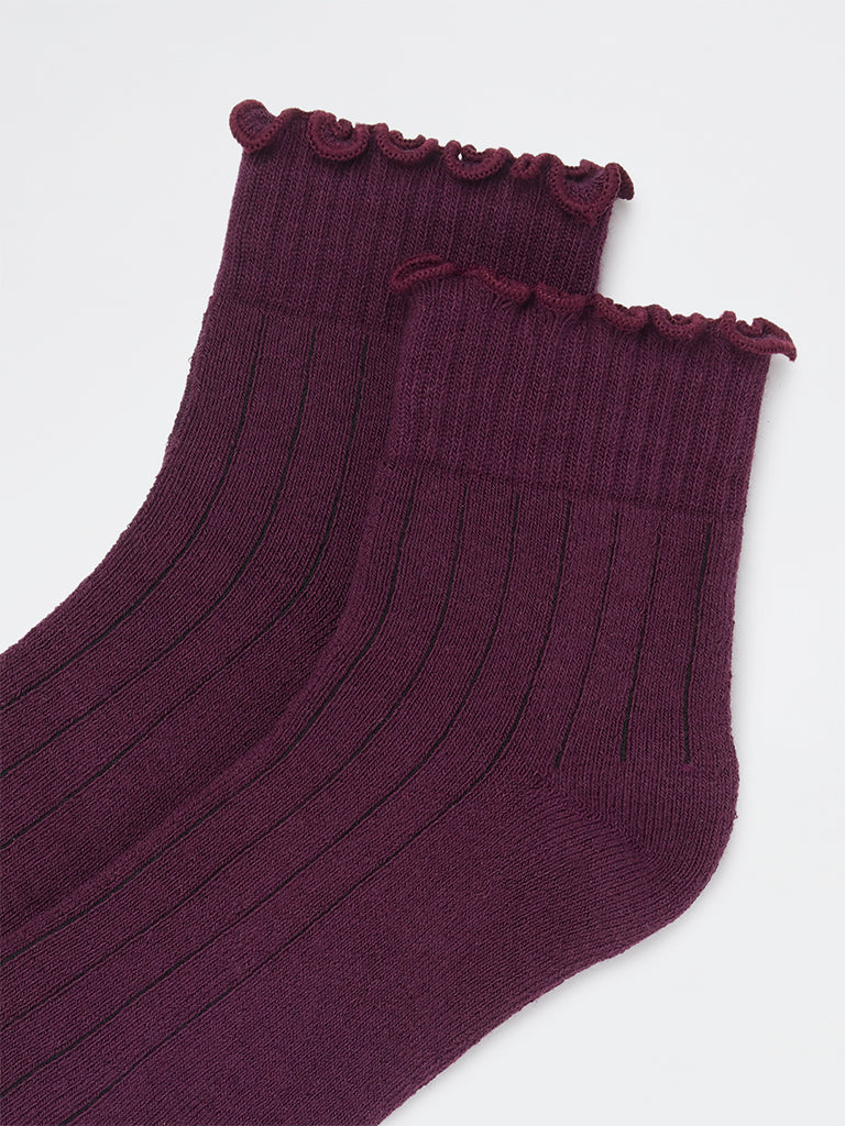 Wunderlove Plum Ribbed Cotton-Blend Socks