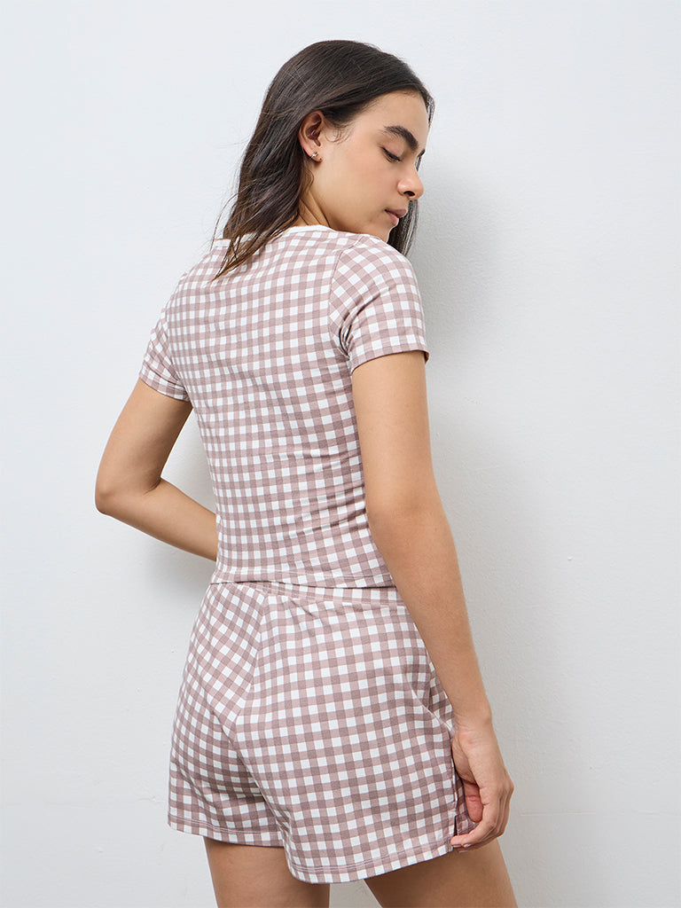 Superstar Brown Checks Printed Cotton-Blend Top