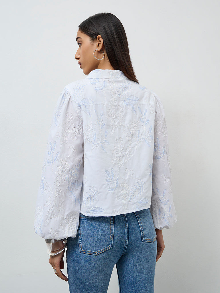 LOV White Floral Embroidered Cotton Shirt