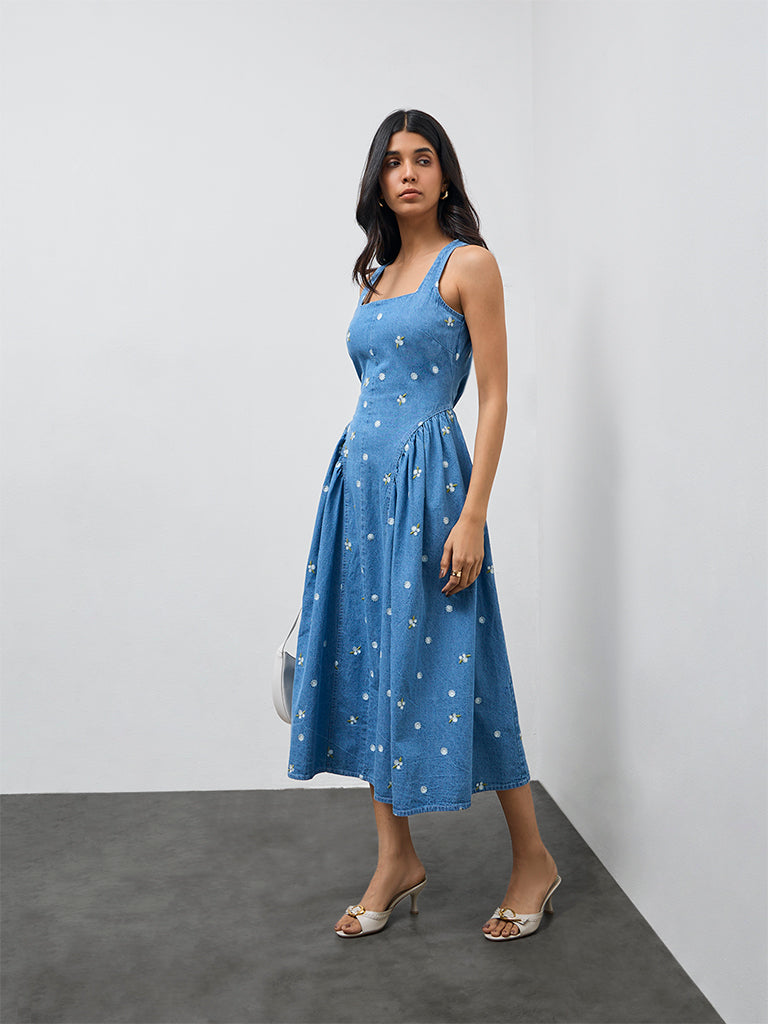 Buy LOV Blue Floral Embroidered A-Line Denim Dress from Westside Buy LOV Blue Floral Embroidered A-Line Denim Dress from Westside