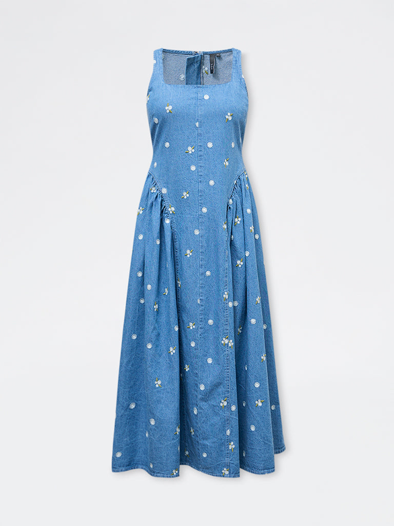 LOV Blue Floral Embroidered A-Line Denim Dress