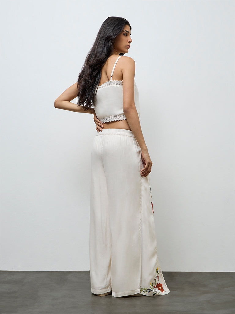 LOV Cream Embroidered High-Rise Pants