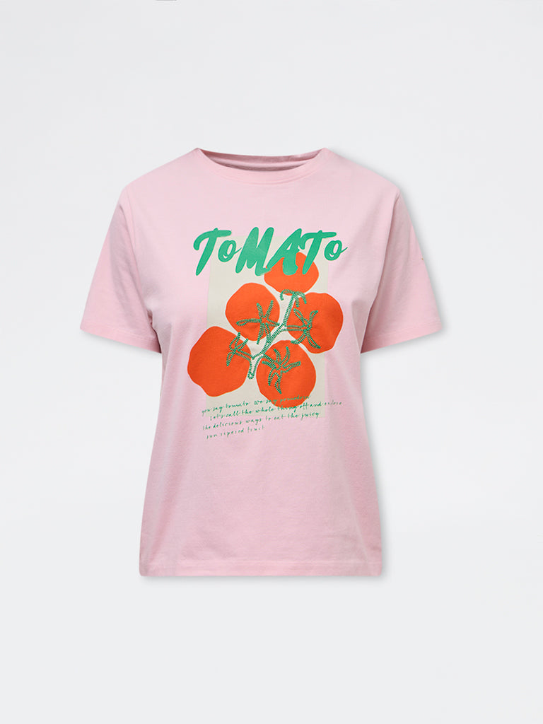 LOV Dusty Pink Graphic Printed Cotton-Blend T-Shirt