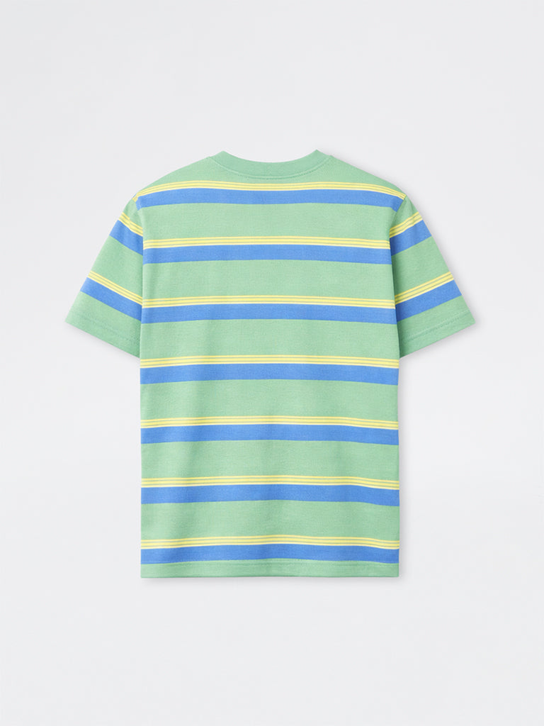 WES Casuals Green Striped Relaxed-Fit Swimwear T-Shirt