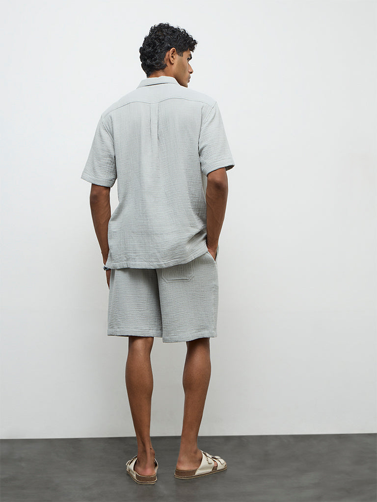 ETA Light Teal Crinkle-Textured Relaxed-Fit Mid-Rise Cotton Shorts
