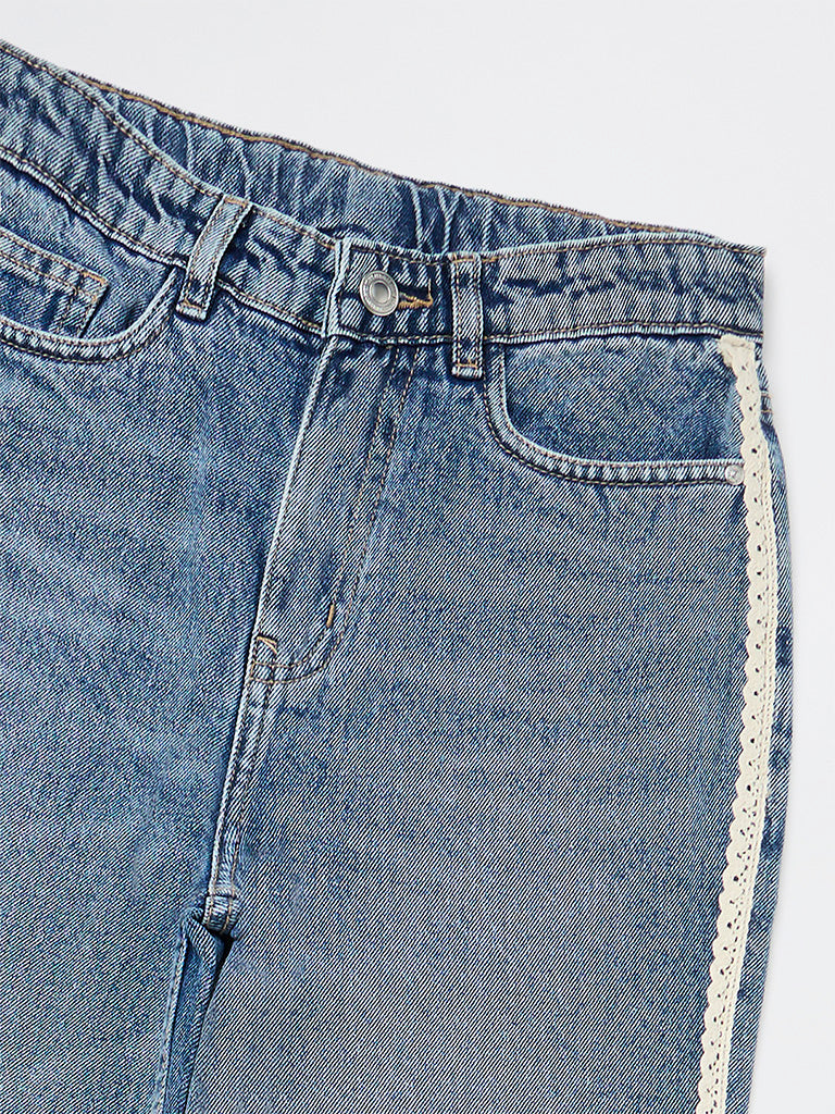 Y&F Kids Girls Blue Lace-Detailed High-Rise Relaxed-Fit Jeans