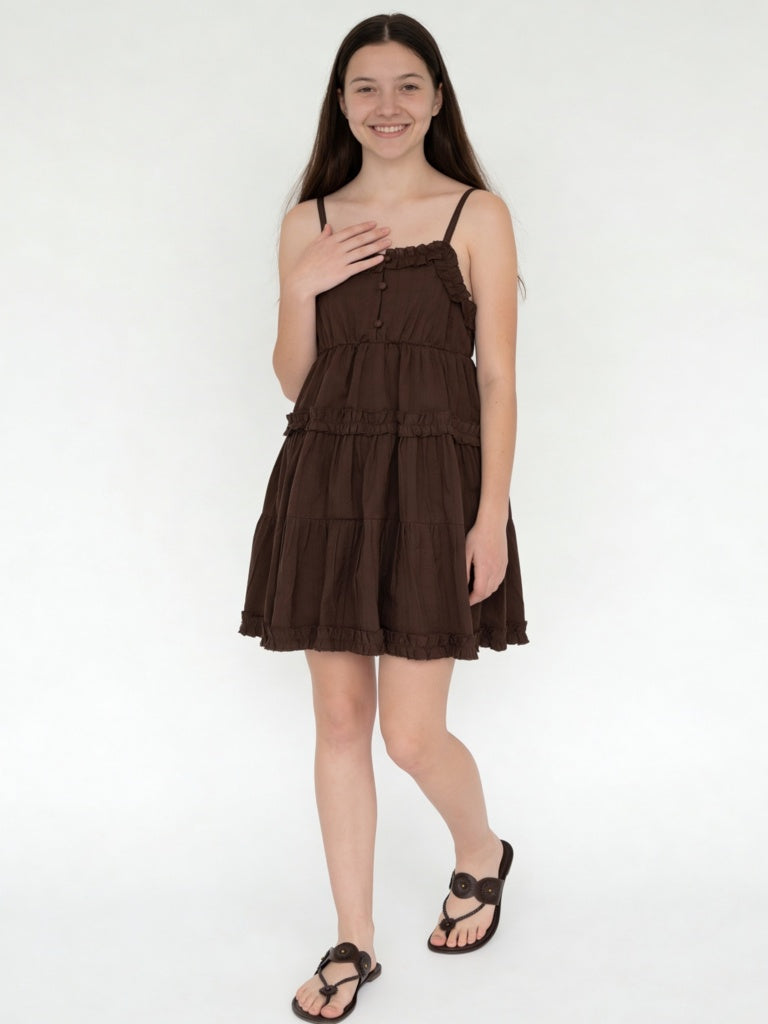 Buy Y&F Teen Girls Dark Brown Tiered Cotton Dress from Westside